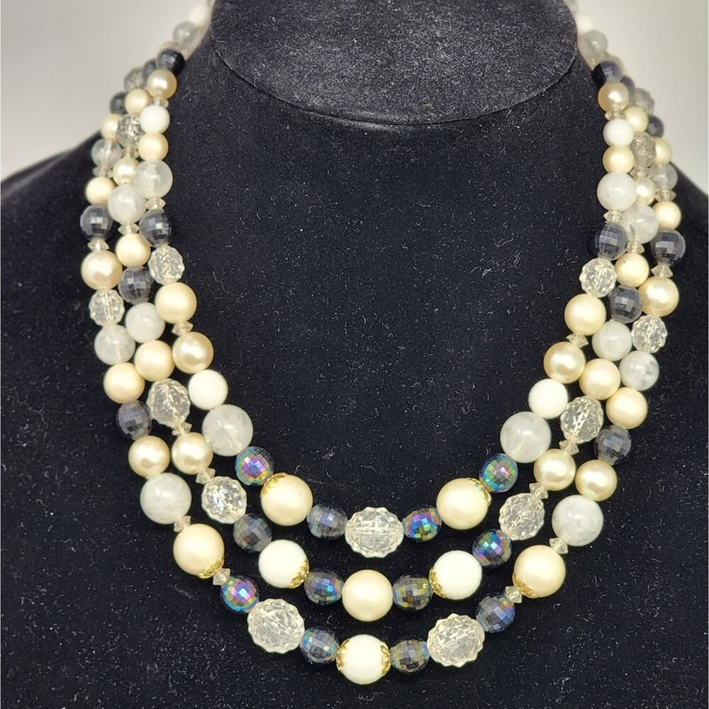 Vintage 3 Strand Beaded Necklace Black White‎ Clear Faux Pearls Elegant Party